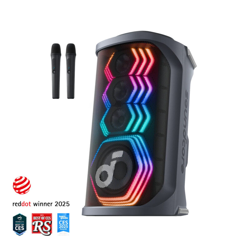 Anker SoundCore Rave 3 Al Karaoke Speaker with 2 Wireless Microphones, 160W Sound, Al Vocal Removal, Vocal Enhancer, Reverb, Light Show, Portable Design 12H Playtime (Plastic Bag)
